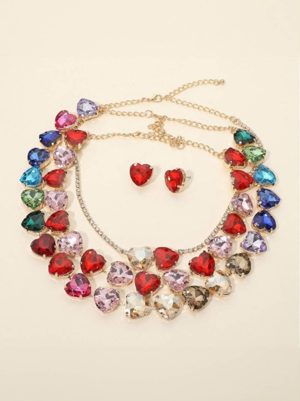 Multicolor boho evening stone heart statement rhinestone beaded necklace set